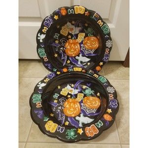Lot of 2 Ullman Halloween trick or treat scalloped candy bowl Boo vintage